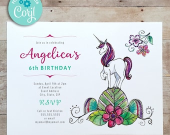 Unicorn Whimsical Birthday Invitation, Unique and Simple Watercolor Unicorn Mythical Invite, Editable Corjl Template, Edit and Print Today