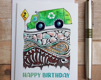 Recycling Truck Birthday Card, garbage truck and dinosaur bones, Grandson Nephew Brother Birthday Card, Boys Birthday, Archeology Birthday