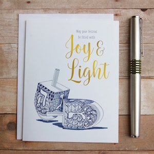 Dreidel Hanukkah Note Cards - Que votre festival soit rempli de joie et de lumière, zentangle dreidel, carte de hanoukka à l’aquarelle simple moderne