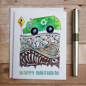 Recycling Truck Geburtstagskarte, Müllwagen und Dinosaurier Knochen, Enkel Neffe Bruder Geburtstagskarte, Jungs Geburtstag, Archäologie Geburtstag