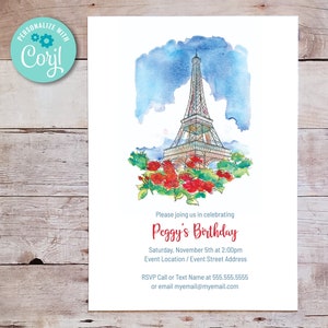 Eiffel Tower Invitation - Paris, French themed party invite, watercolor Paris in the springtime, Editable Corjl Template, Edit, Print Today