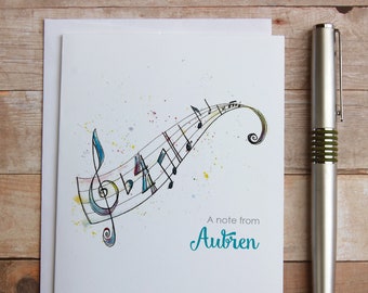 Personalized Music Note Cards - treble clef, music notes, music teacher appreciation, music student, watercolor staff notes, piano music