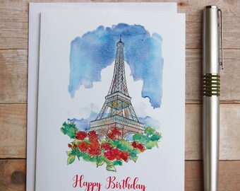 Geburtstagskarte Happy Birthday Paris – Mit Eiffelturm & Rotem Regenschirm, 17,5x12,5 Cm, 280g/m²