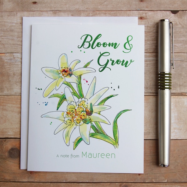 Personalized Edelweiss Flower Bloom and Grow Note Cards - Edelweiss thank you note, Alpine Mountain flower, Botanical notes, Unique flower