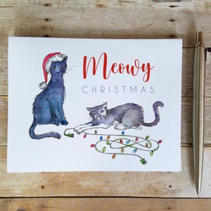 Meowy Christmas Cat Christmas Card - Carte de Noël Pour amoureux des chats, Kitty Christmas, Joyeux Noël Chats, Aquarelle Cat Cards