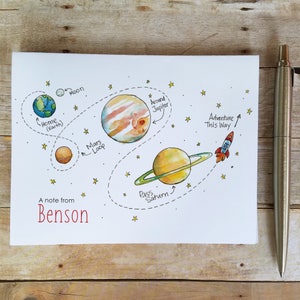 Personalisierte Space Explorer Notizkarten - Kid Note Card, Astronaut Notes, Planeten, Jupiter, Saturn, Mars, Erde, Notizen für Kinder, Raketenkarten