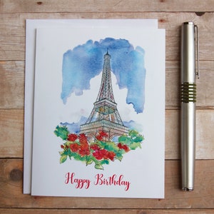Carte d'anniversaire Tour Eiffel - Paris carte d'anniversaire, carte d'anniversaire aquarelle fantaisiste. Carte d'anniversaire pour ami tante collègue voisin