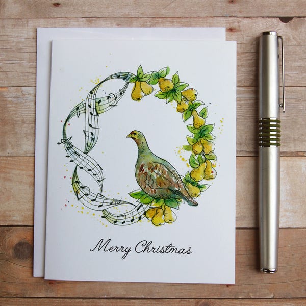 Partridge in a Pear and Music Wreath Note Cards - 12 Days of Christmas Note Cards, Music Cards, Christmas Carol, Partridge in a Pear Tree