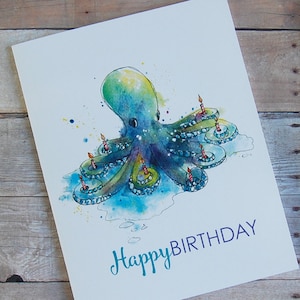 Octopus Birthday Card - quirky birthday, unique nautical birthday, watercolor purple octopus, friend birthday, whimsical birthday