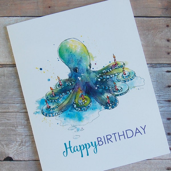 Octopus Birthday Card - quirky birthday, unique nautical birthday, watercolor purple octopus, friend birthday, whimsical birthday