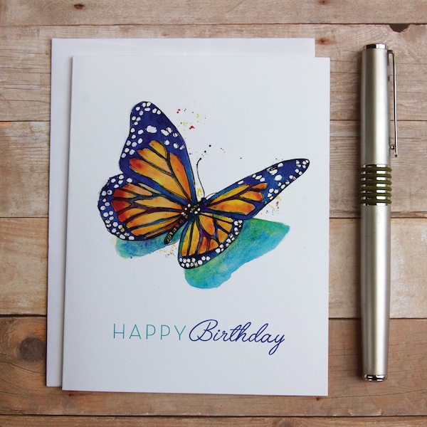 Butterfly Birthday Card - Whimsical Watercolor Monarch Butterfly Birthday Card, Butterfly Birthday wishes, Monarch Butterfly