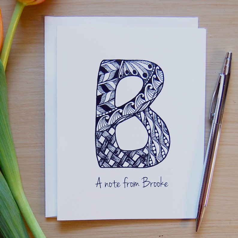Personalized Note Cards B Monogram Zentangle Note Card Thank | Etsy
