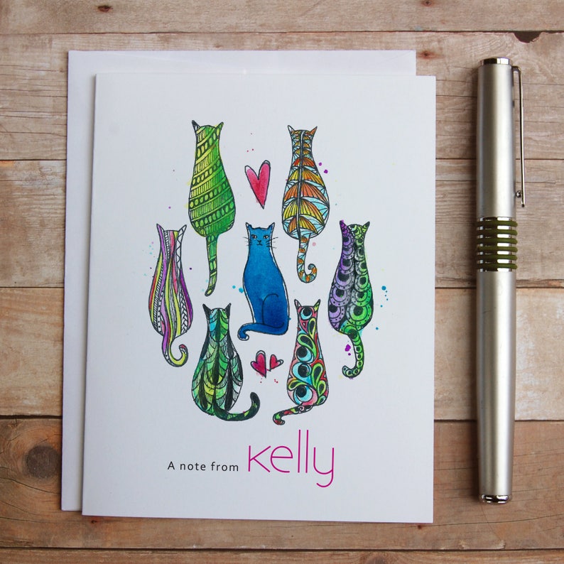 Groovy Cats Personalized Note Cards Zentangle Wate Color Etsy