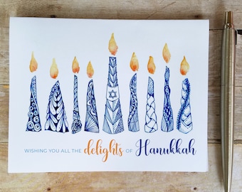 Hanukkah Note Cards - Wishing you all the delights of Hanukkah, Zentangle Menorah, Modern Hanukkah Card, Unique Watercolor Hanukkah Card