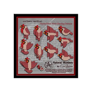 May include: A set of nine beading patterns for creating a northern cardinal, using peyote and brick stitch techniques. The patterns are displayed on a background with text about the northern cardinal.