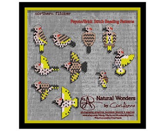 Northern Flicker (10pc) brick / peyote stitch beading patterns for pendants, charms, pins, earrings, woodpecker pattern, bird pattern