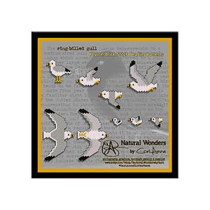 May include: A set of beading patterns for a ring-billed gull, featuring a gray and white bird with a yellow beak and legs. The patterns are labeled "Peyote/Brick Stitch Beading Patterns" and "Natural Wonders by Cari Anne".