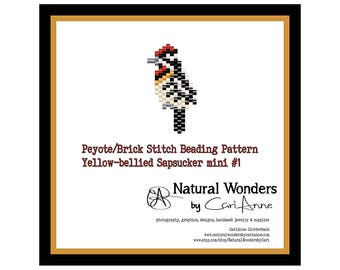 Yellow-bellied Sapsucker (#m1) brick / peyote stitch beading pattern for pendants, charms, pins, earrings, woodpecker pattern, bird pattern