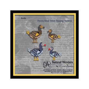 May include: A beaded pattern of a dodo bird, a flightless bird that was native to Mauritius. The pattern is in a brick stitch and peyote stitch. The pattern is in shades of blue, yellow, and brown. The text "Peyote/Brick Stitch Beading Patterns" is at the top of the image. The text "Natural Wonders by Cari Anne" is at the bottom of the image.