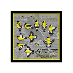 May include: A set of nine beading patterns for creating American Goldfinch birds. The patterns are in black and white with yellow accents. The patterns are labeled "Peyote/Brick Stitch Beading Patterns". The text "Natural Wonders by Cari Anne" is also included in the image.