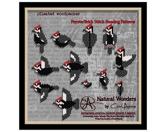 Pileated Woodpecker (12pc) brick / peyote stitch seed bead patterns for pendants, charms, earrings, woodpecker pattern. bird pattern, nature