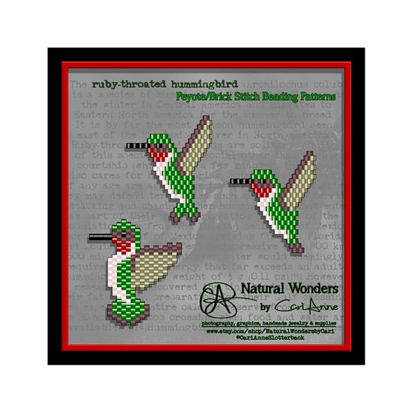 Ruby-throated Hummingbird (3pc) peyote/brick stitch beading patterns for pendants, charms, earrings, pins, key chain, ornaments, accessories