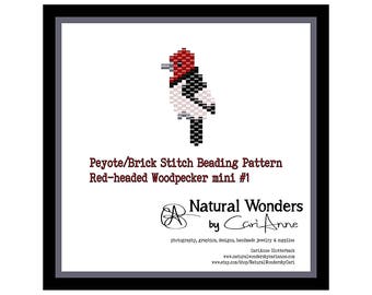 Red-headed Woodpecker (#m1) brick / peyote stitch beading pattern for pendants, charms, pins, earrings, woodpecker pattern, bird pattern