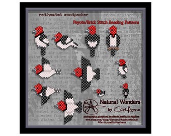 Red-headed Woodpecker (11pc) brick / peyote stitch seed bead patterns for pendants, charms, earrings, woodpecker pattern. bird pattern