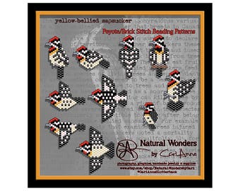 Yellow-bellied Sapsucker (10pc) brick / peyote stitch seed bead patterns for pendants, charms, earrings, woodpecker pattern. bird pattern