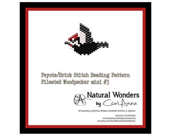 Pileated Woodpecker (#m3) brick / peyote stitch beading pattern for pendant, charm, pins, earrings, woodpecker beading pattern, bird pattern