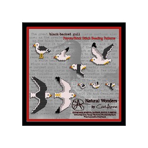May include: Black-backed gull beading pattern with a white head, black wings, and a yellow beak. The pattern is a Peyote/Brick Stitch Beading Pattern. The text "Natural Wonders by Carl Anne" is in the bottom right corner of the image.