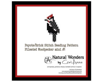 Pileated Woodpecker (#m1) brick / peyote stitch beading pattern for pendant, charms, pin, earrings, woodpecker beading pattern, bird pattern