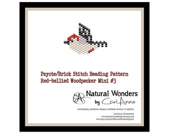 Red-bellied Woodpecker Mini 3 beading pattern for pendants, charms, earrings, bird brick stitch beading pattern, peyote stitch seed bead