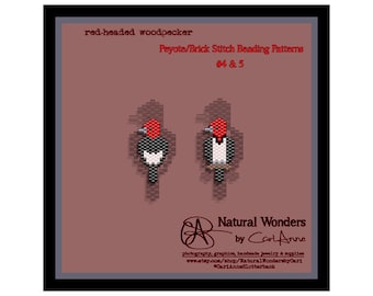 Red-headed Woodpecker Mini 4-5 beading patterns for pendants, charms, pin, earrings, bird beading patterns, woodpecker jewelry, brick stitch