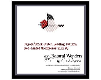 Red-headed Woodpecker (#m3) brick / peyote stitch beading pattern for pendants, charms, earrings, woodpecker beading pattern, bird pattern