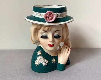 Vintage Lady Head Vase green dress and hat, hands to face