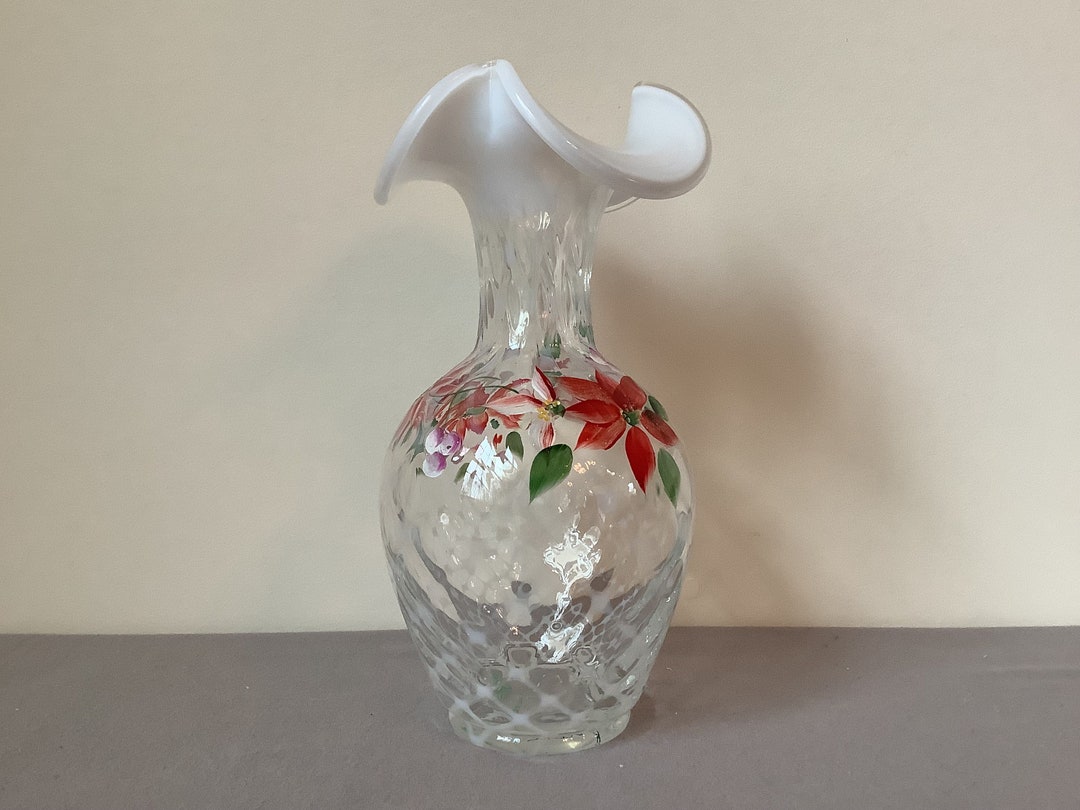 Vintage Fenton Art Glass Vase Poinsettia Hand Painted and Signed Etsy