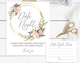 Date Night Ideas Printable, Floral Date Night Ideas Sign and Cards, Bridal Shower Sign, Wedding Bridal Shower Games, Wedding Shower Print