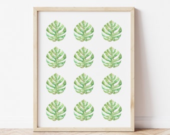 Monstera Leaves Printable, Green Botanical Print, Tropical Leaf Wall Art, Palm Leaf Printable, Tropical Plant Print, Coastal Beach Printable