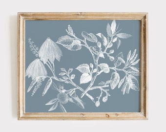 Blauwe botanische afdrukbare, natuur afdrukbare, bloemen afdrukbare, blauwe tak afdrukbare, vintage geïnspireerde afdrukbare, botanische Wall Decor