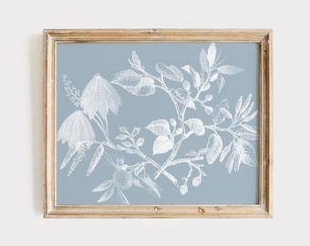 Blauwe botanische afdrukbare, natuur afdrukbare, bloemen afdrukbare, blauwe tak afdrukbare, vintage geïnspireerde afdrukbare, botanische Wall Decor