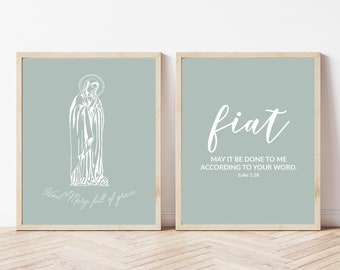 Blessed Mother Printable, Set of 2 Catholic Prints, Luke 1 38 Printable, Fiat Print, Religious Wall Art, Faith Home Decor, Hail Mary Print