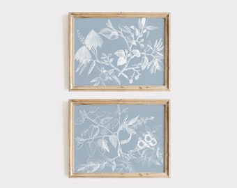 Blauwe botanische printables, set van 2, natuur afdrukbare, bloemen afdrukbare, blauwe tak afdrukbare, vintage geïnspireerde afdrukbare, botanische kunst