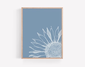 Blue Sunflower Printable, Floral Minimalist Print, Flower Printable, White Sunflower Wall Art, Floral Home Decor, Botanical Wall Art,