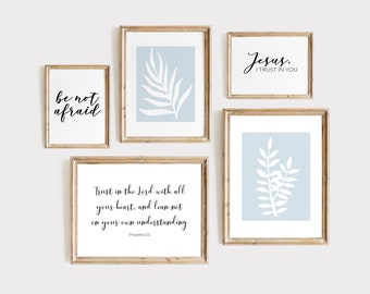 Faith Printables, Gallery Wall Printables, Collage Printables, Jezus ik vertrouw op jou afdrukbaar, wees niet bang afdrukbaar, blauwe botanische print