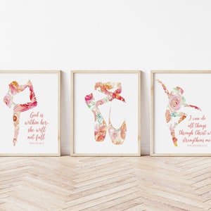 Floral Ballet Dancer Printable Set, Ballet Prints, Scripture Prints, Pink Floral, Set of 3, Ballet Slippers, Dancers Print, Girls Room Decor