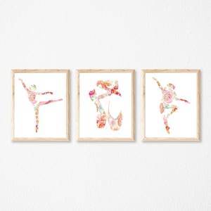Floral Ballet Dancer Printable Set, Ballet Prints, Instant Download, Pink Floral, Set of 3, Ballet Slippers, Dancers Print, Girls Room Decor