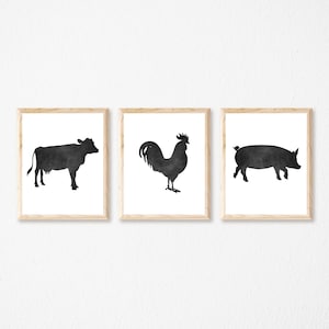 Farm Animal Printables Set of 3, Cow Print, Rooster Wall Art, Pig Artwork, Chalkboard Animal Print, Farmhouse Printables, Simple Wall Art