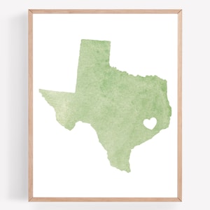 Green Texas Printable, Texas Heart Print, Watercolor Texas Decor, State Wall Art, Texas Home Decor, Houston Printable, State Printable