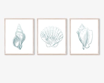 Sea Shells Printables, Set of 3 Prints, Ombre Shell Print, Blue Nautical Wall Art, Coastal Home Decor, Beach Wall Art, Summer Wall Decor